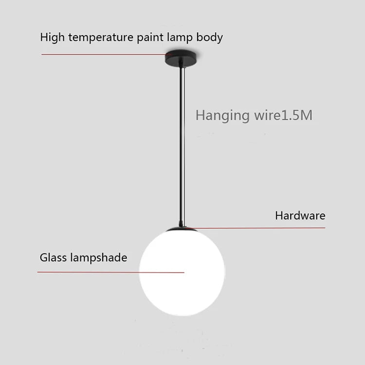 Modern Glass Globe Pendant Light featuring a glass lampshade and high-temperature paint lamp body.