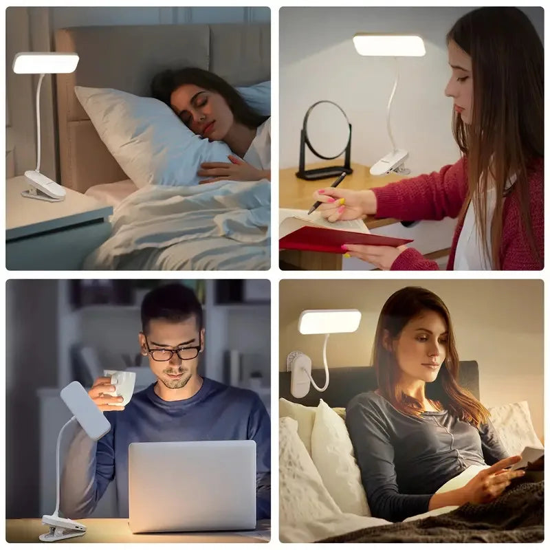 Rechargeable LED clip-on desk lamp attached to a study desk for reading and office work.