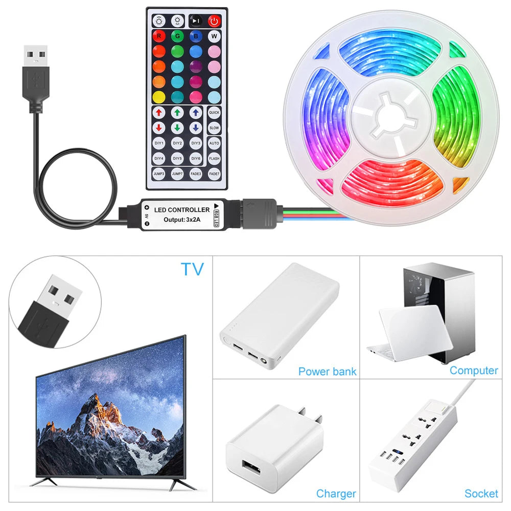 A 44-key USB-powered RGB light strip is easy to install and suitable for various indoor decorative scenarios.
