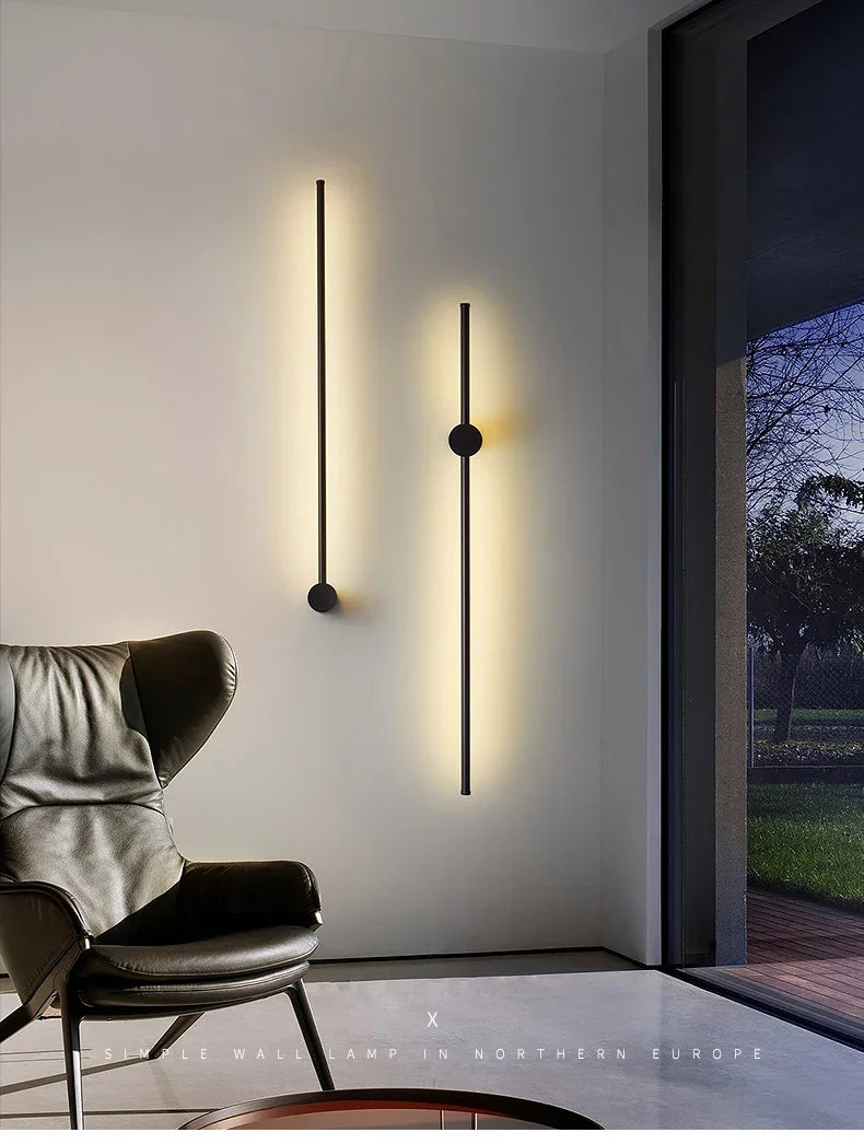Nordic minimalist LED long wall light installed in a modern hallway with luxury interior décor.
