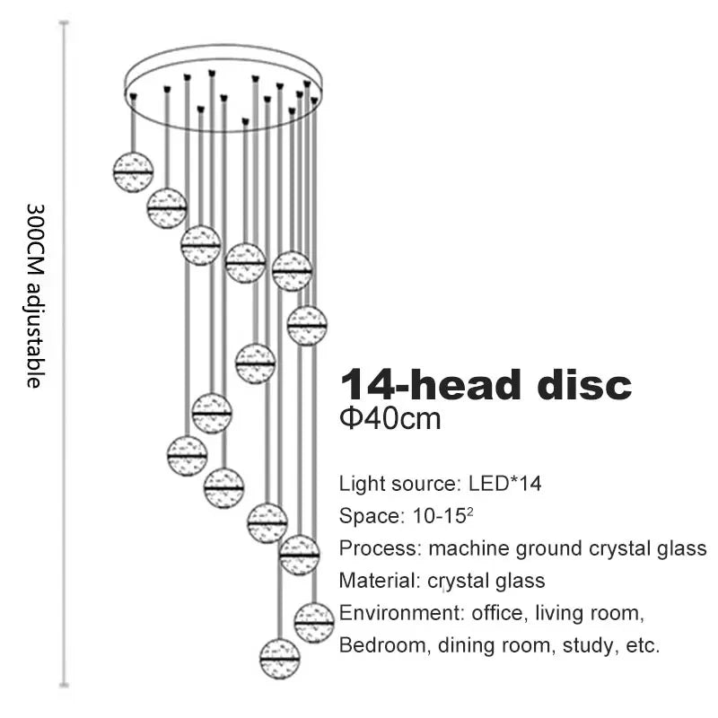 Modern spiral crystal LED chandelier cascading down a luxury staircase in a contemporary home.