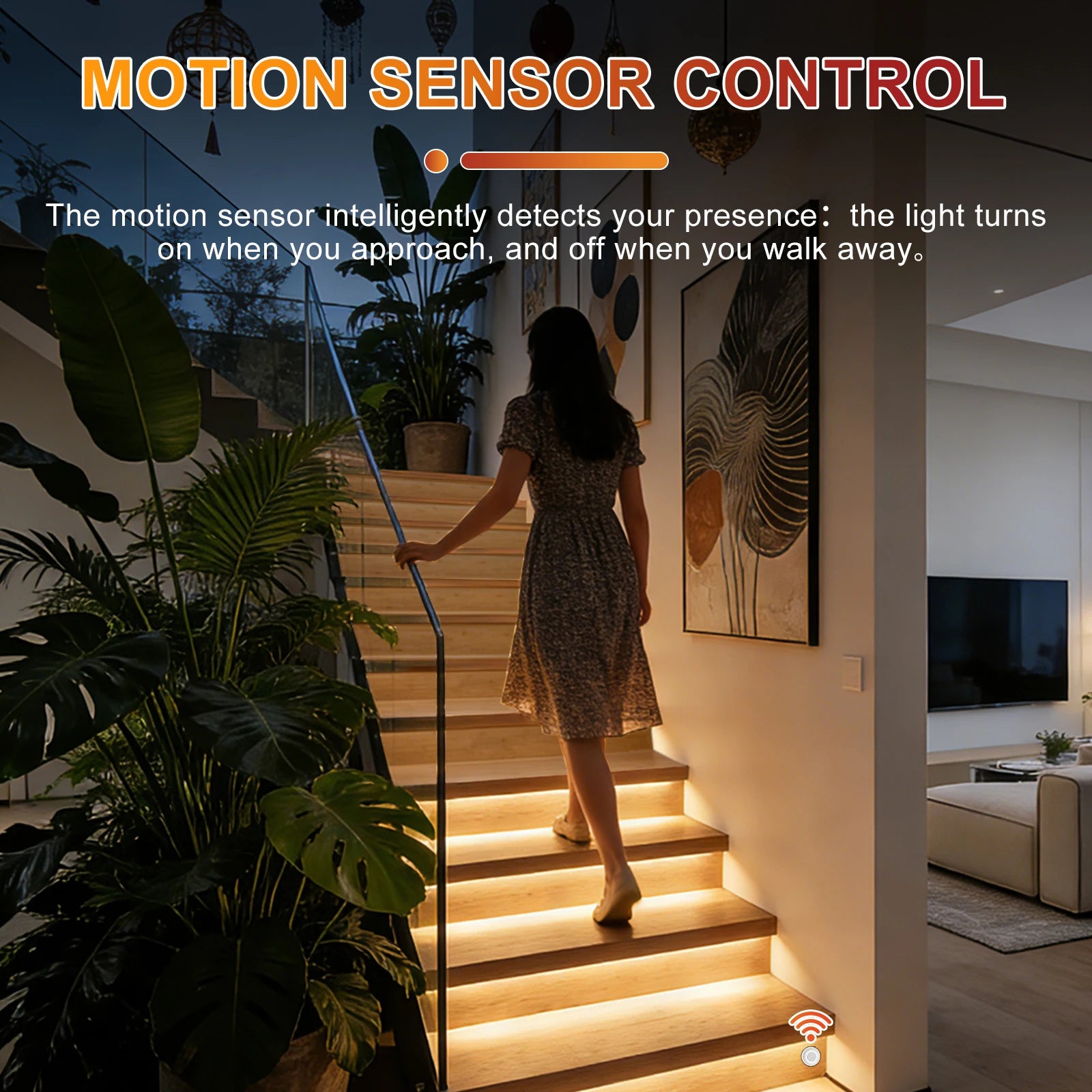 Motion sensor control for LED stair lighting kit illuminating steps as a person approaches, enhancing safety and style.