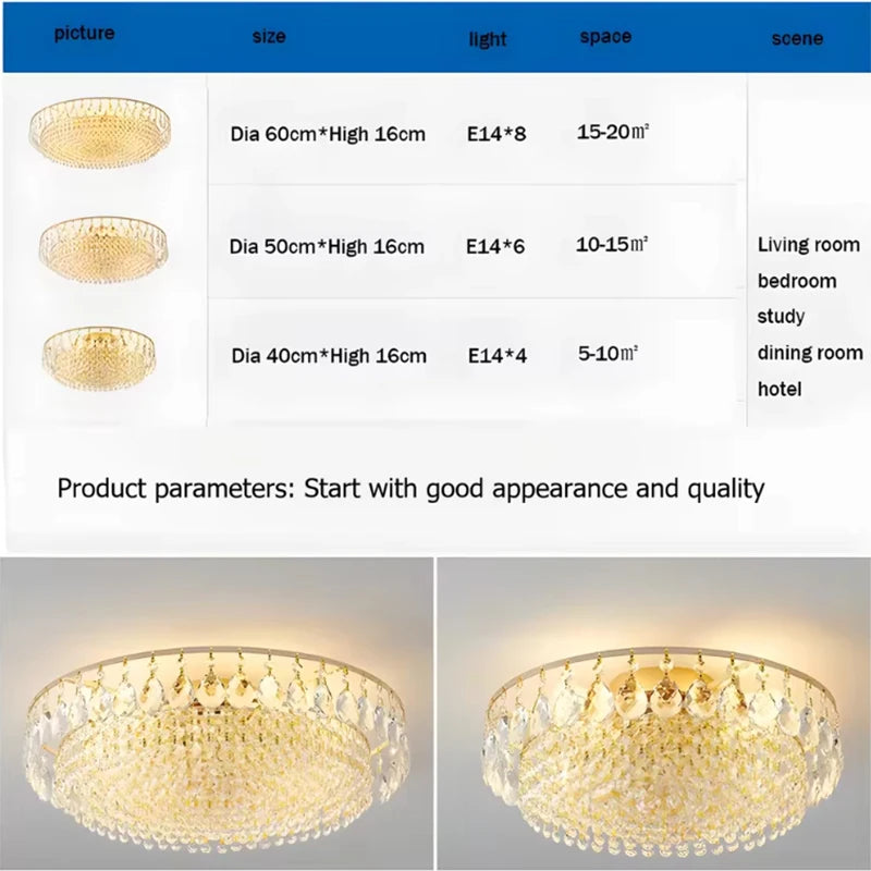 Luxury gold crystal LED chandelier hanging in an elegant modern living room with premium interior décor.