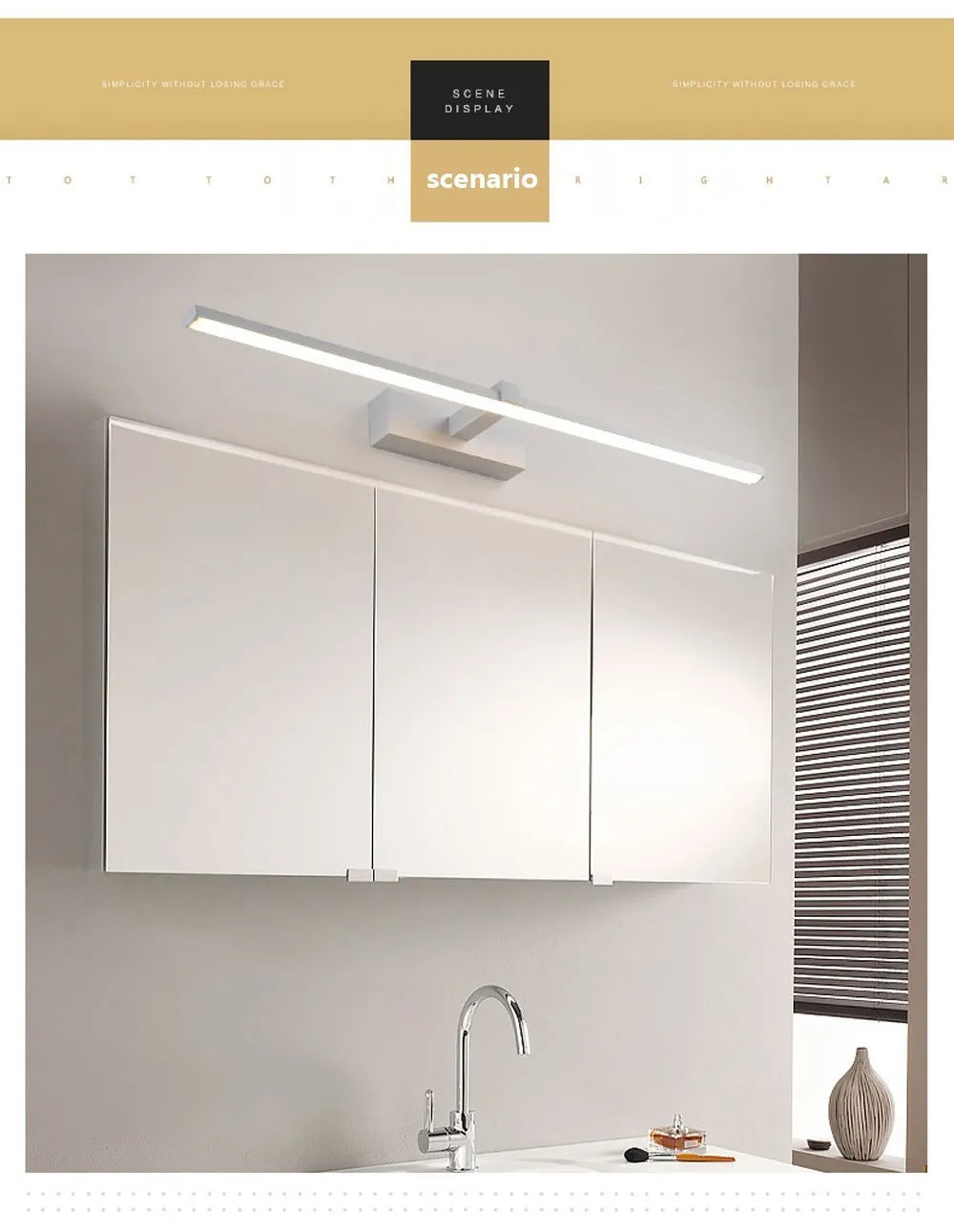 Modern waterproof LED mirror light mounted above a bathroom vanity mirror with bright, even illumination.
