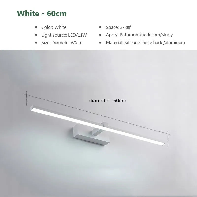 Modern waterproof LED mirror light mounted above a bathroom vanity mirror with bright, even illumination.
