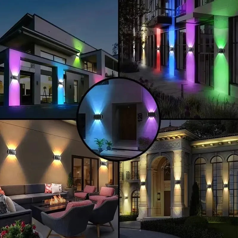 Modern waterproof solar LED wall light installed on an exterior wall illuminating a garden pathway.