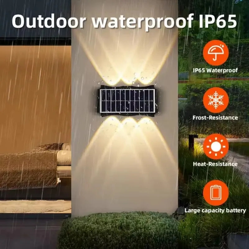 Modern waterproof solar LED wall light installed on an exterior wall illuminating a garden pathway.
