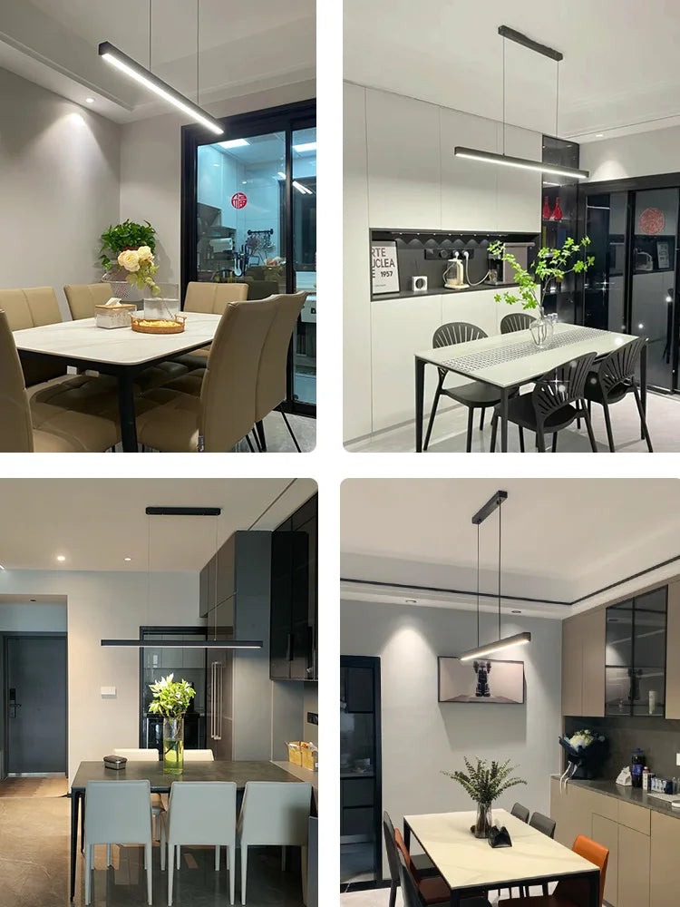 Modern linear LED pendant light suspended above a dining table in a contemporary dining room.