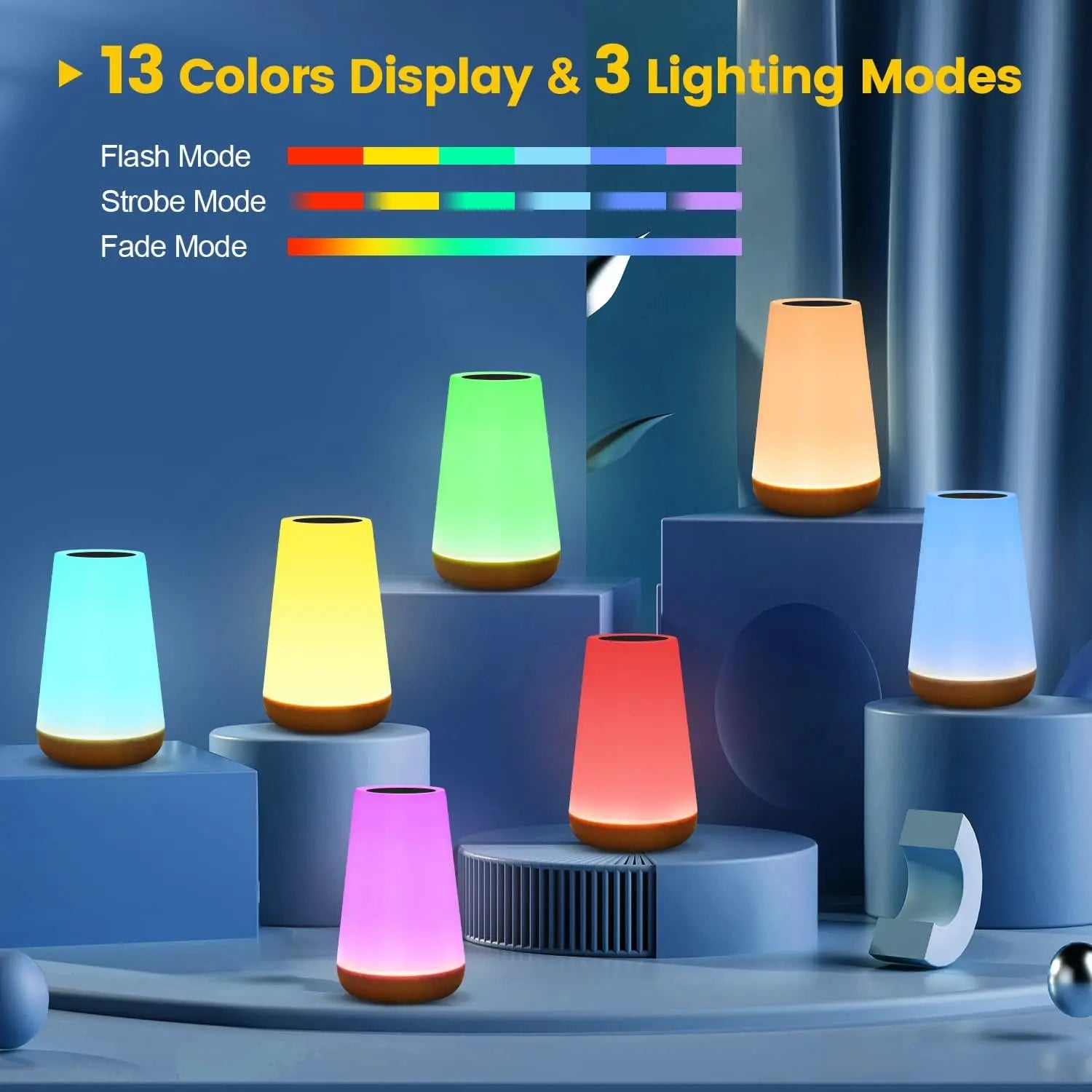 Rechargeable RGB bedside table lamp with touch control and remote displaying multiple colour lighting modes.