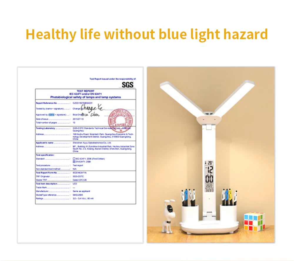LED Desk Lamp with Clock, Calendar & Touch Dimmable Light USB