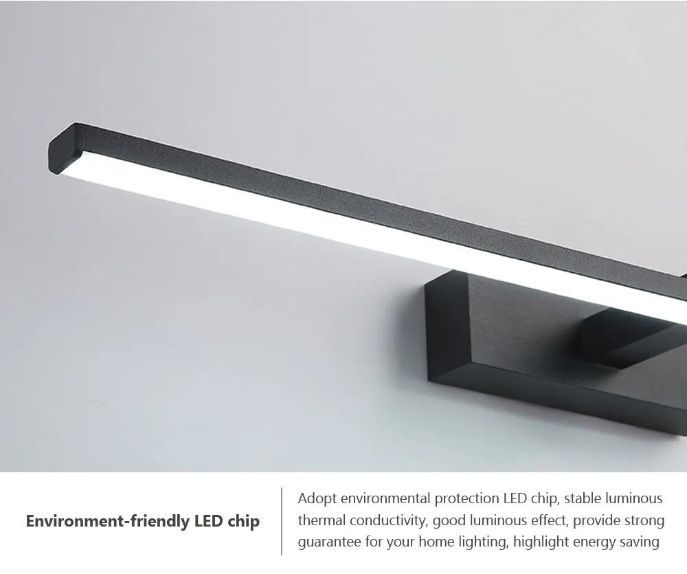 Modern waterproof LED mirror light mounted above a bathroom vanity mirror with bright, even illumination.