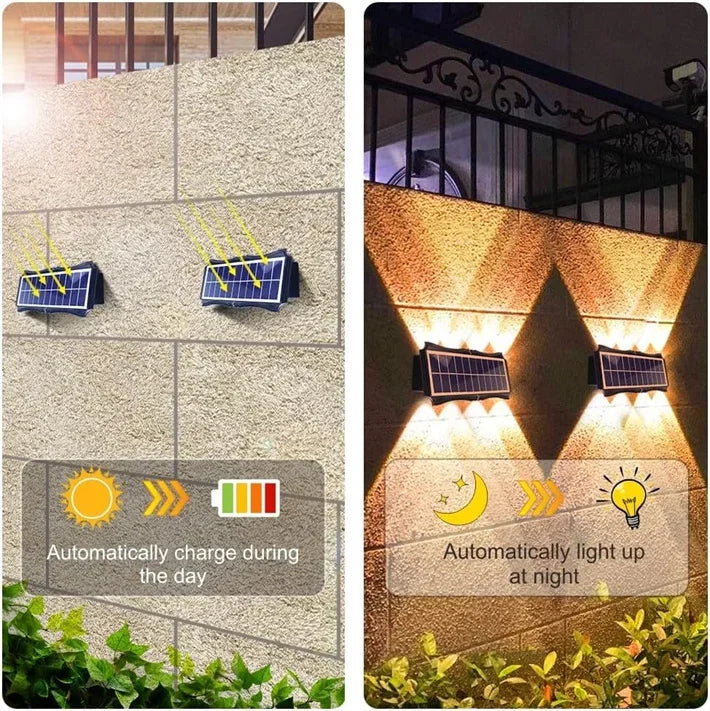 Modern waterproof solar LED wall light installed on an exterior wall illuminating a garden pathway.