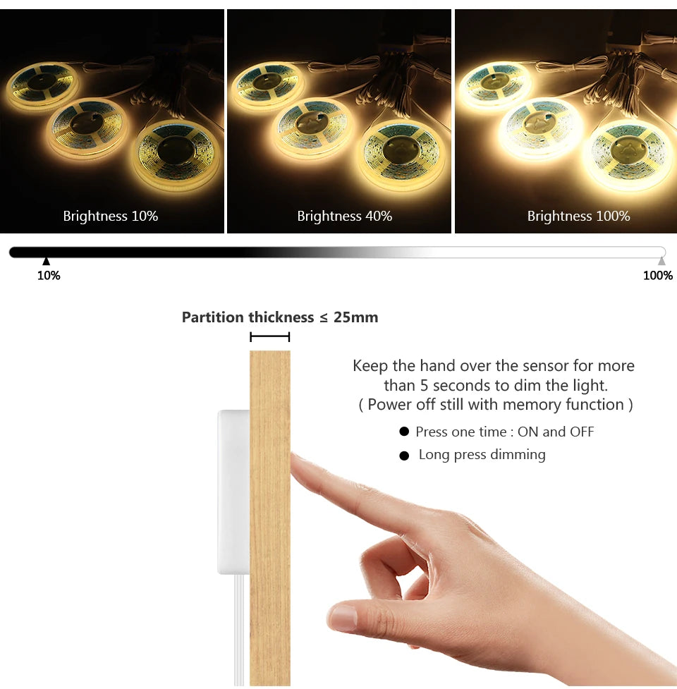 Under Cabinet LED Strip Light COB Dimmable Touch Sensor Closet Light