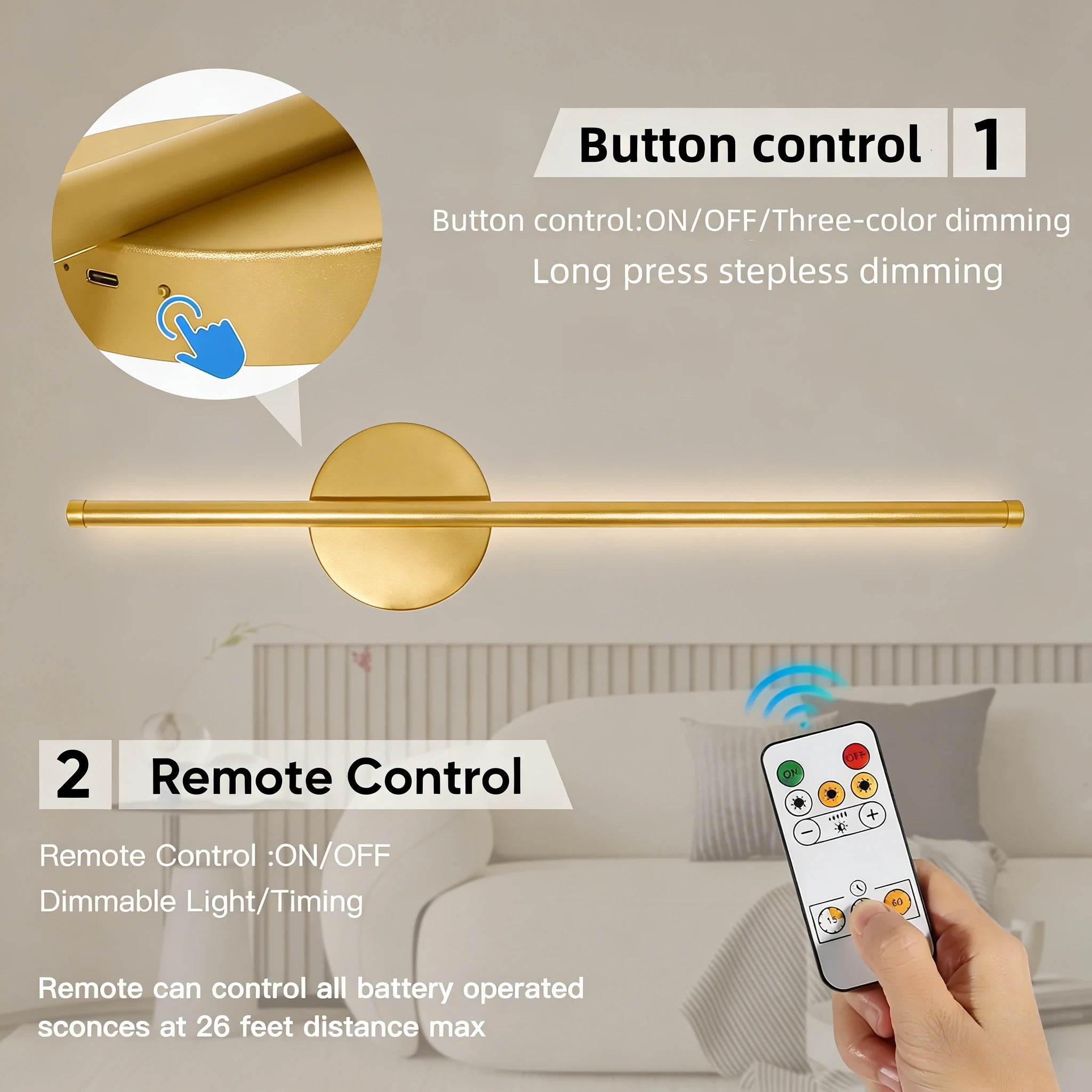 Wireless rechargeable LED wall sconce with remote control mounted beside a modern bedroom bed.