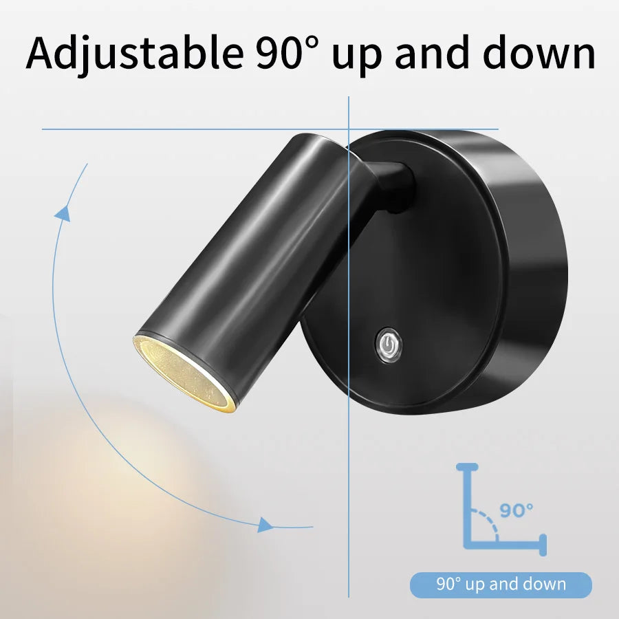 Magnetic rechargeable LED wall light mounted beside a bed with touch control and adjustable brightness.