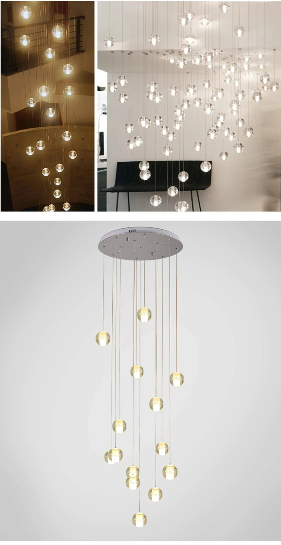 Modern spiral crystal LED chandelier cascading down a luxury staircase in a contemporary home.