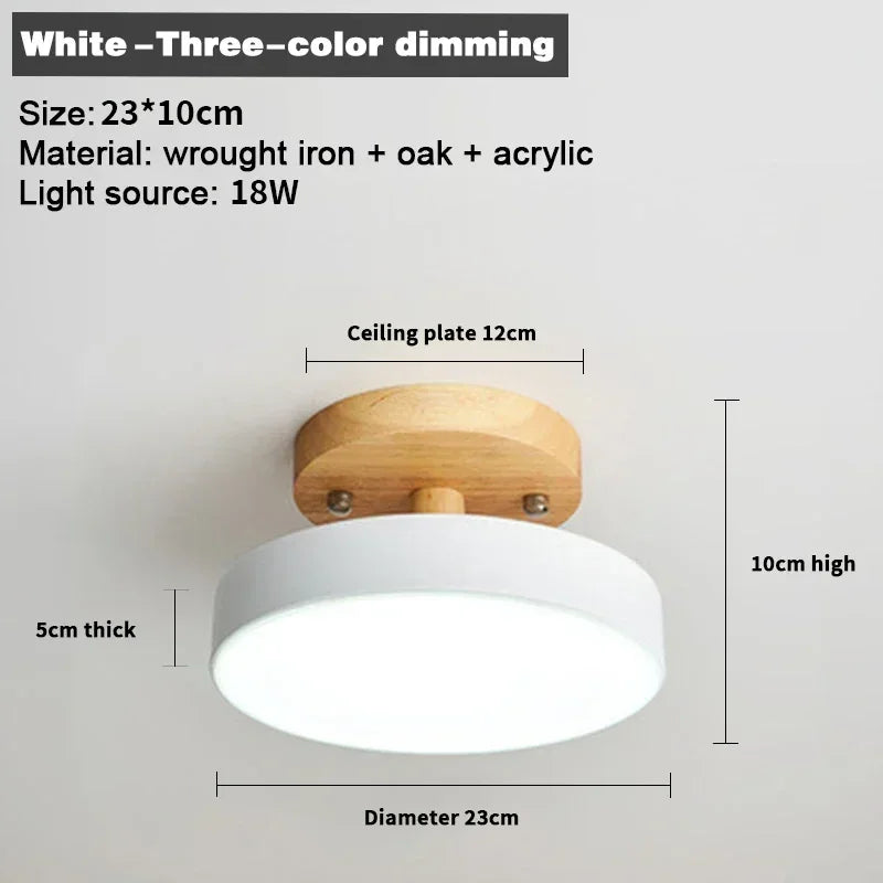 Nordic wood round LED ceiling light installed in a modern hallway with Scandinavian-inspired interior décor.