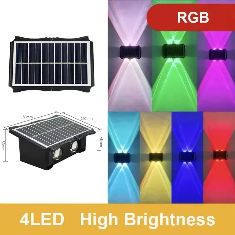 Modern waterproof solar LED wall light installed on an exterior wall illuminating a garden pathway.