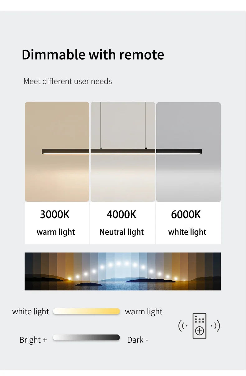 Modern linear LED pendant light suspended above a dining table in a contemporary dining room.