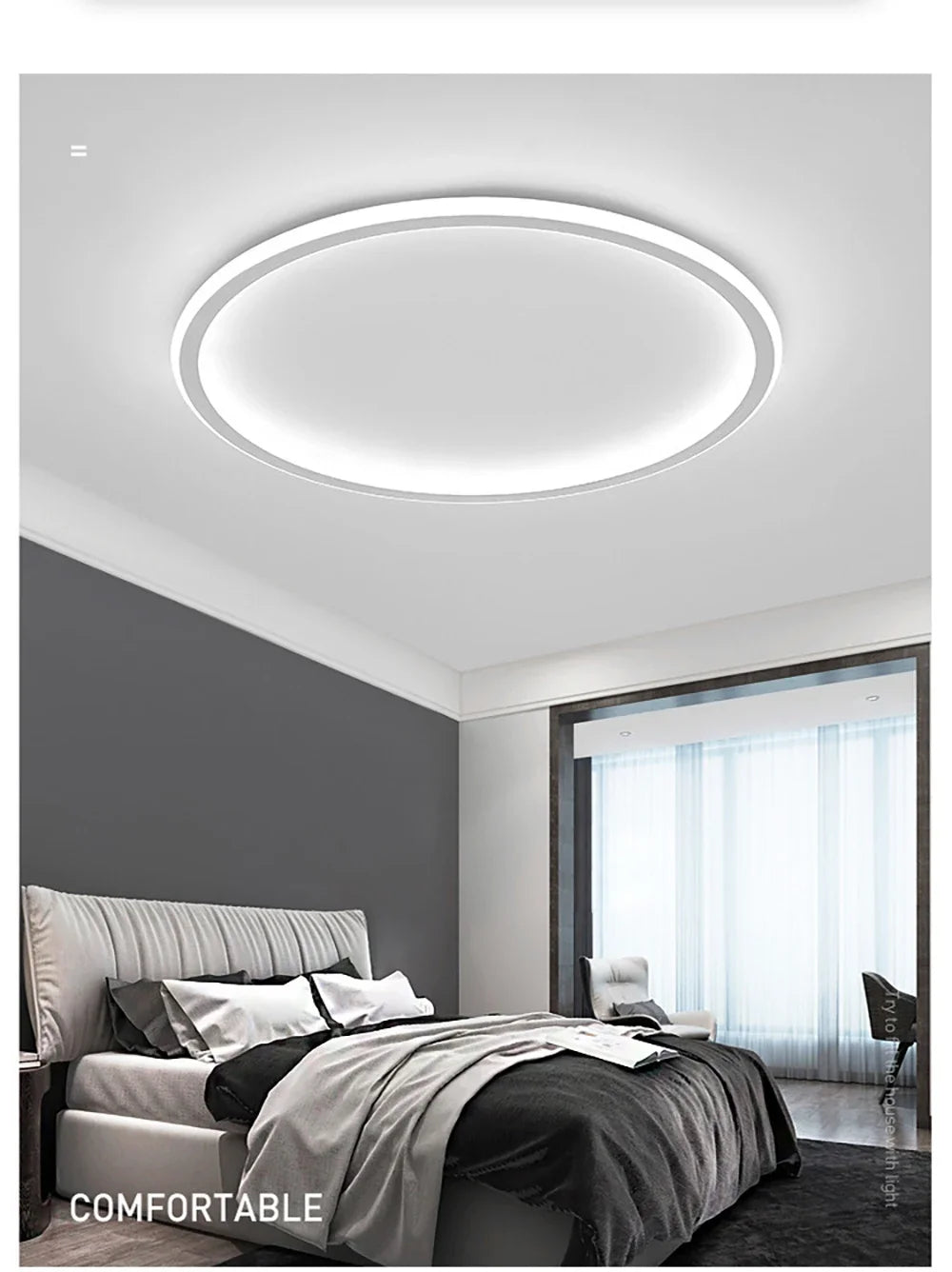 Nordic minimalist LED ceiling light with remote control installed in a modern living room.