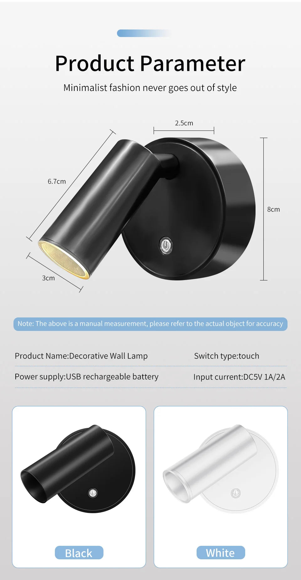Magnetic rechargeable LED wall light mounted beside a bed with touch control and adjustable brightness.