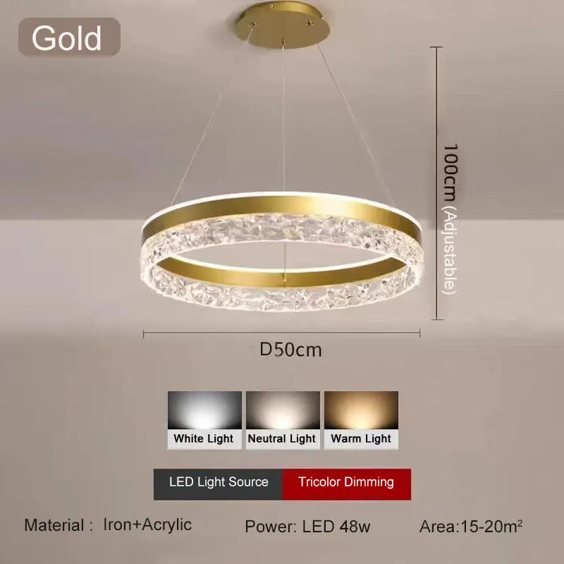 Modern luxe LED ring chandelier suspended in a contemporary living room with elegant minimalist décor.