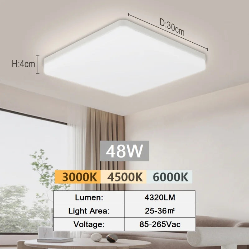 Modern LED flush mount ceiling light installed in a stylish living room with bright energy-efficient illumination.