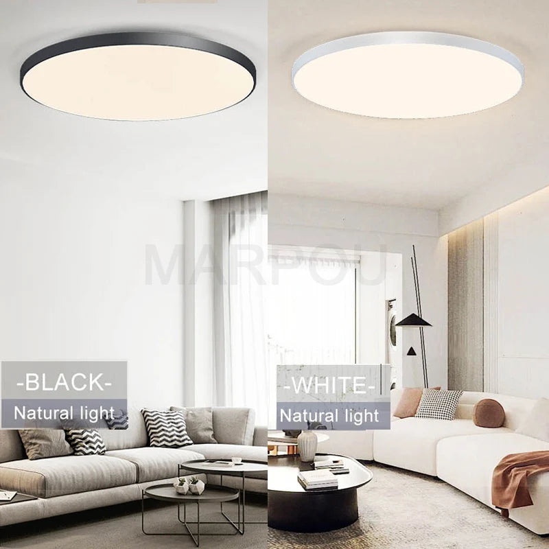 Smart dimmable LED ceiling light with remote control installed in a modern bedroom.