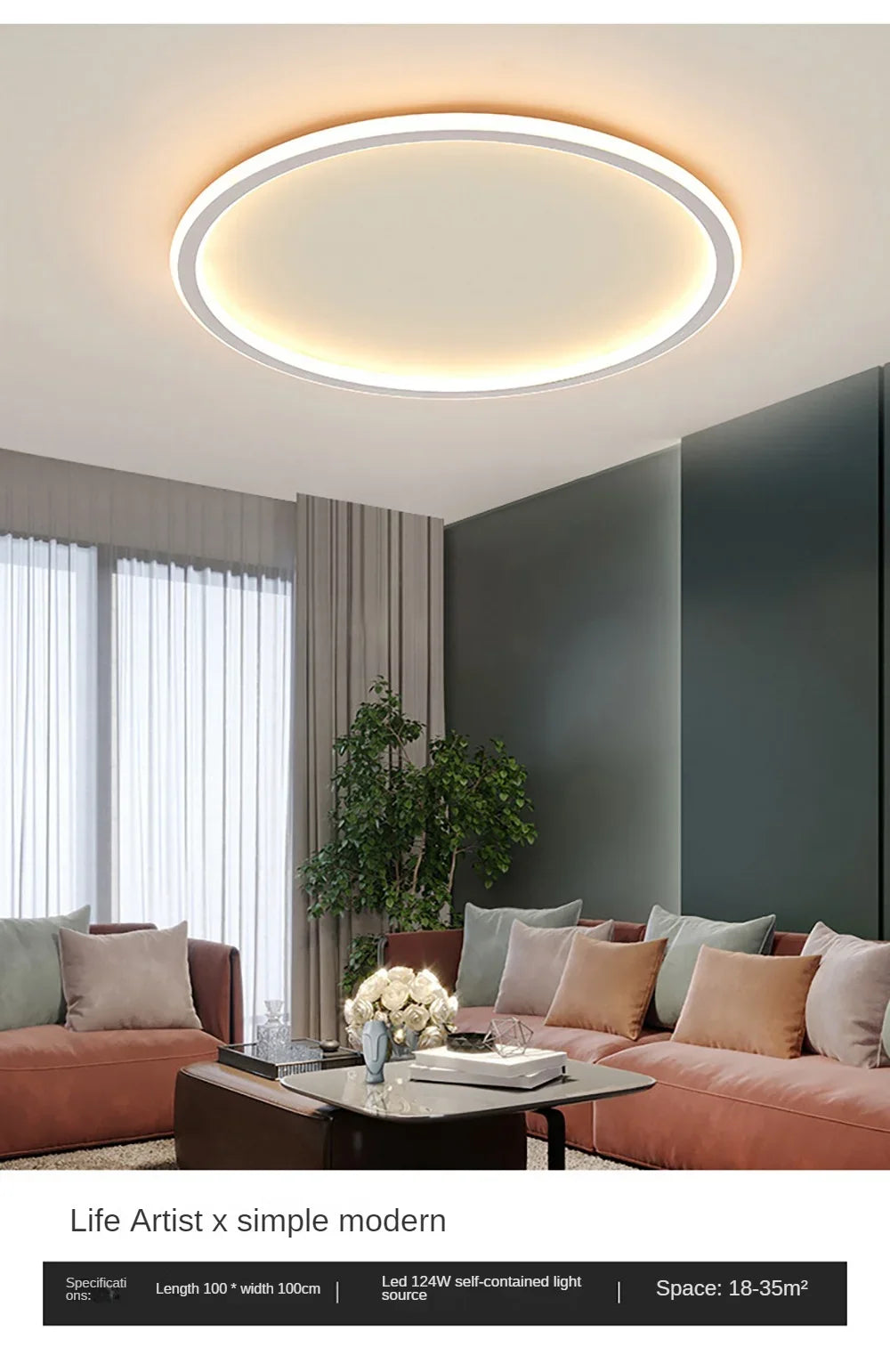 Nordic minimalist LED ceiling light with remote control installed in a modern living room.