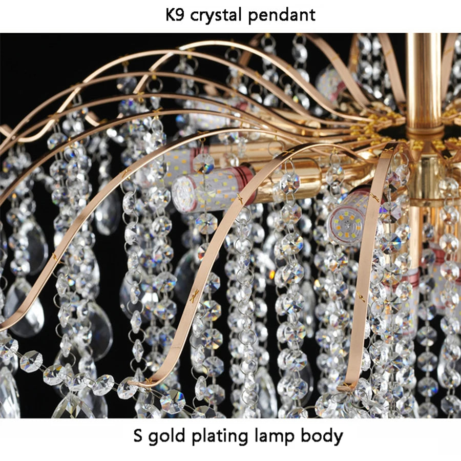 Modern luxury crystal LED chandelier installed in a stylish living room with elegant contemporary décor.
