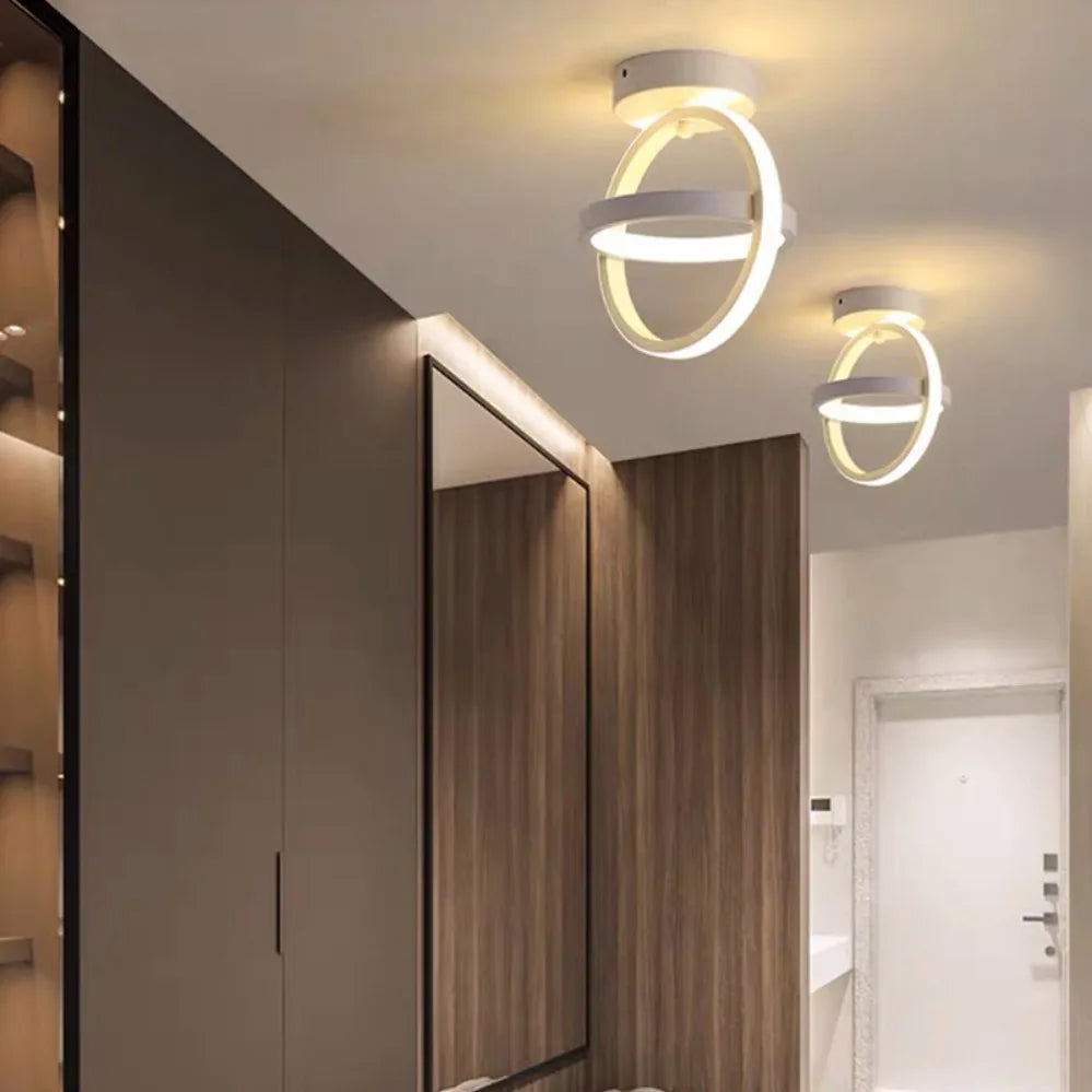 Modern 2 ring LED ceiling light installed in a stylish hallway with contemporary interior décor.