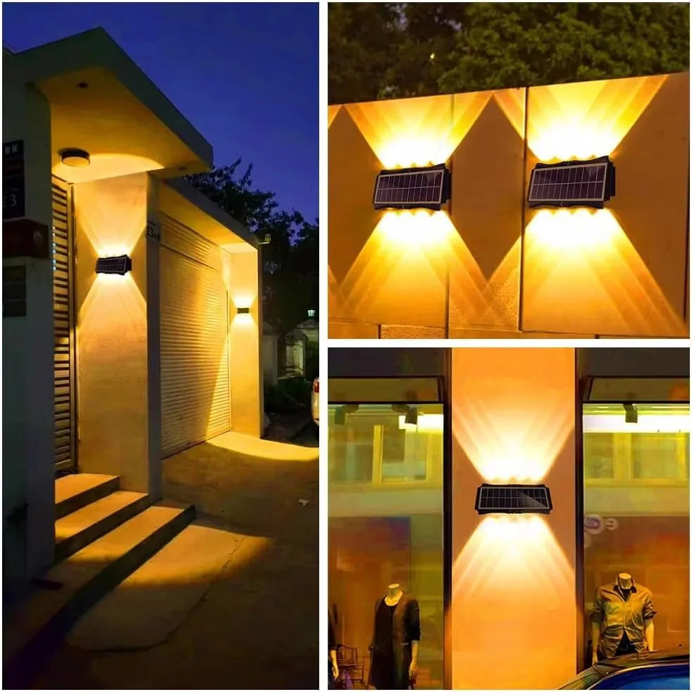 Modern waterproof solar LED wall light installed on an exterior wall illuminating a garden pathway.