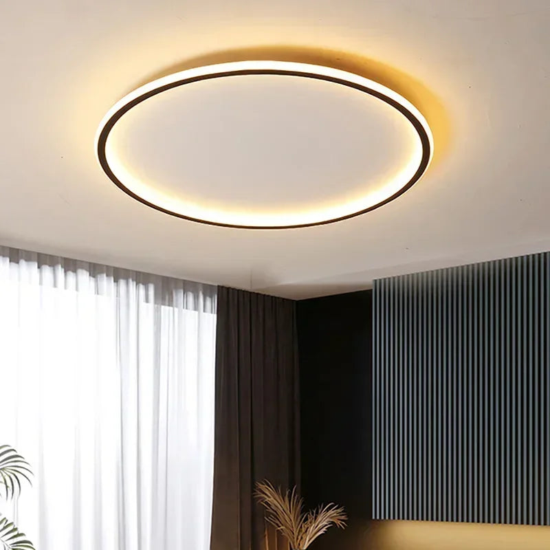 Nordic minimalist LED ceiling light with remote control installed in a modern living room.