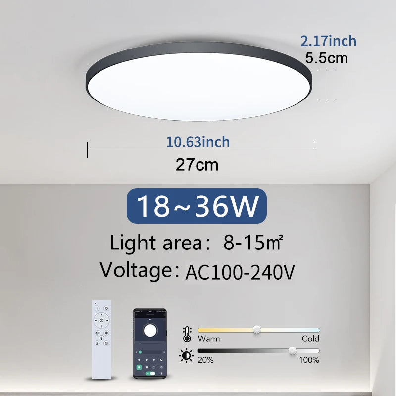 Smart dimmable LED ceiling light with remote control installed in a modern bedroom.