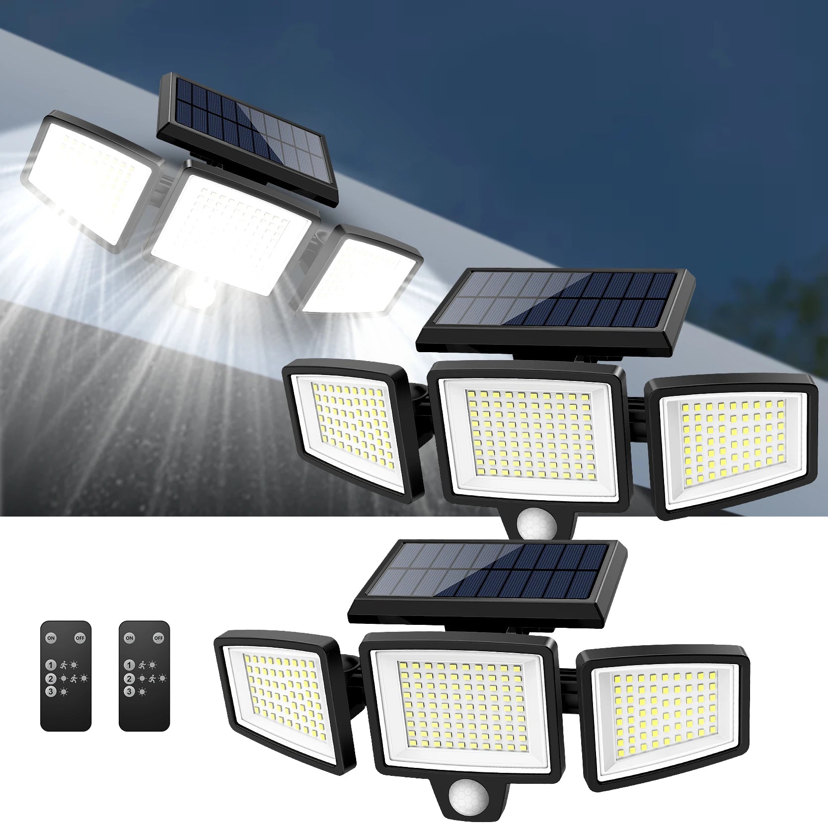 Solar Motion Sensor Security Light Outdoor Waterproof 3 Head LED