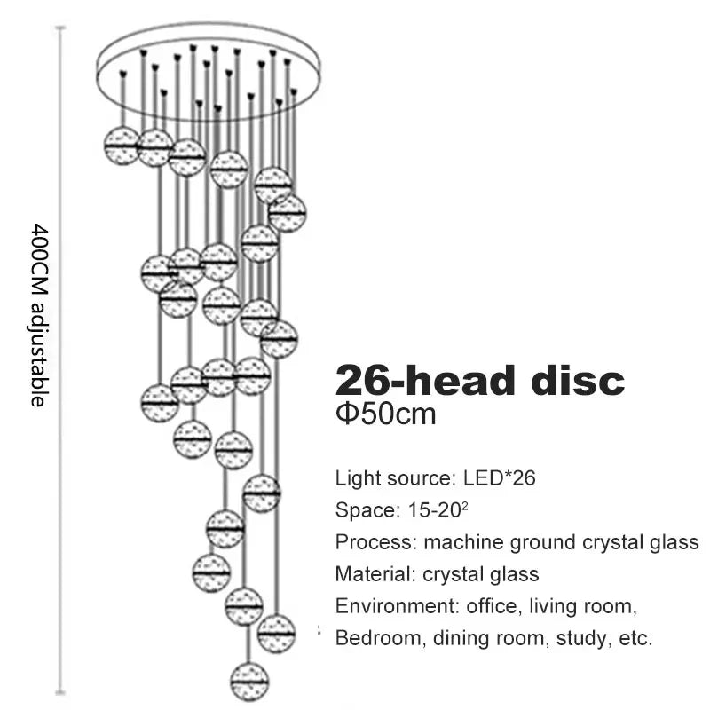 Modern spiral crystal LED chandelier cascading down a luxury staircase in a contemporary home.