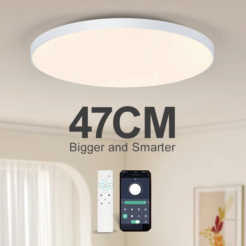Smart dimmable LED ceiling light with remote control installed in a modern bedroom.