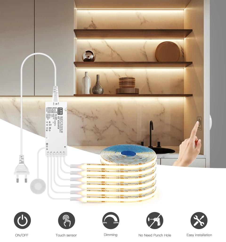Under Cabinet LED Strip Light COB Dimmable Touch Sensor Closet Light