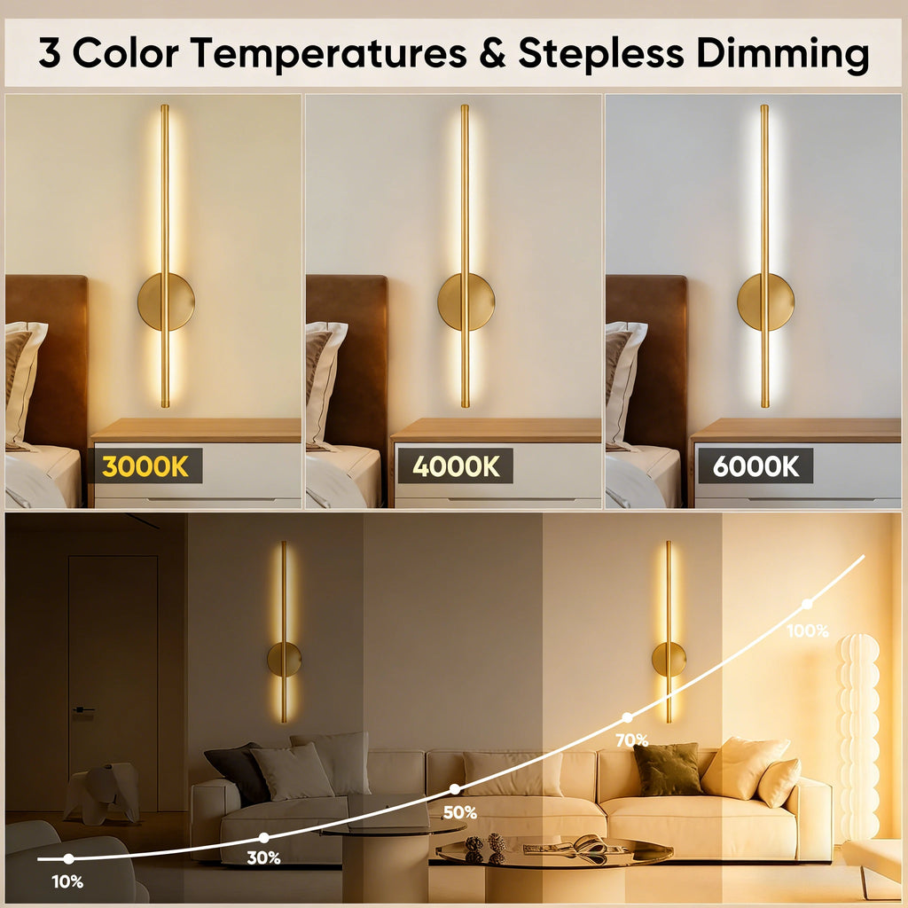 Wireless rechargeable LED wall sconce with remote control mounted beside a modern bedroom bed.