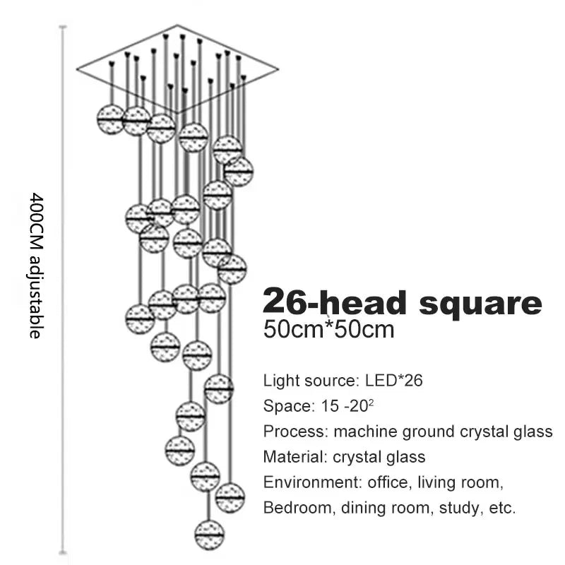 Modern spiral crystal LED chandelier cascading down a luxury staircase in a contemporary home.