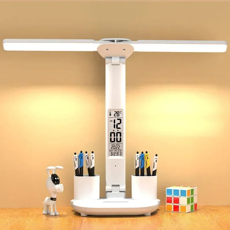 LED Desk Lamp with Clock, Calendar & Touch Dimmable Light USB
