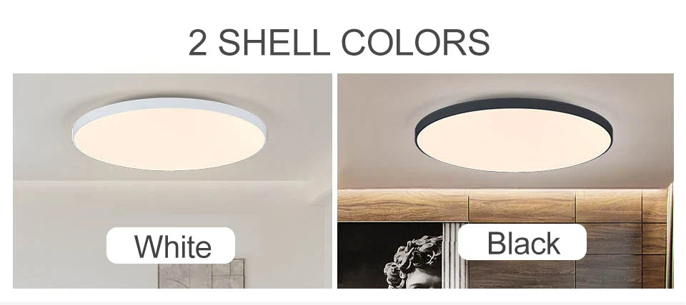 Smart dimmable LED ceiling light with remote control installed in a modern bedroom.