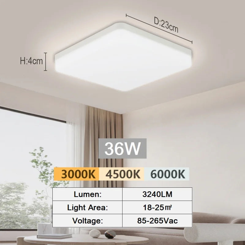 Modern dimmable LED flush mount ceiling light with adjustable white lighting in a contemporary living room.