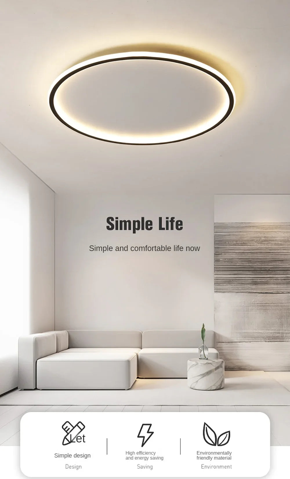 Nordic minimalist LED ceiling light with remote control installed in a modern living room.