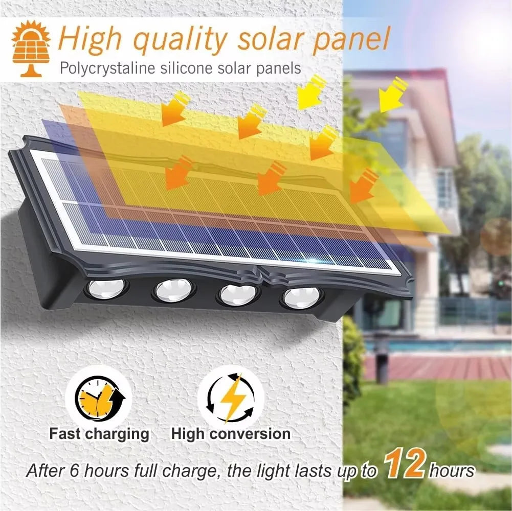 Modern waterproof solar LED wall light installed on an exterior wall illuminating a garden pathway.