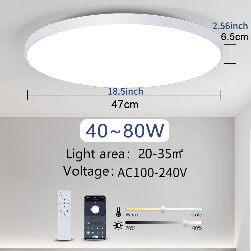 Smart dimmable LED ceiling light with remote control installed in a modern bedroom.