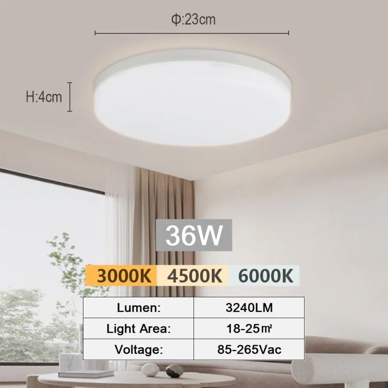 Modern LED flush mount ceiling light installed in a stylish living room with bright energy-efficient illumination.