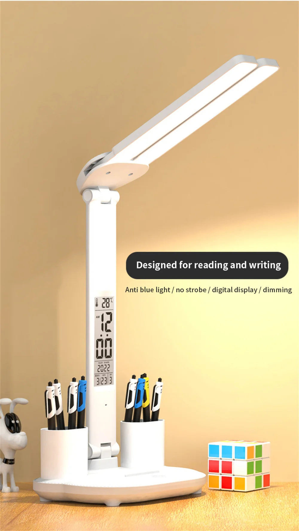 LED Desk Lamp with Clock, Calendar & Touch Dimmable Light USB