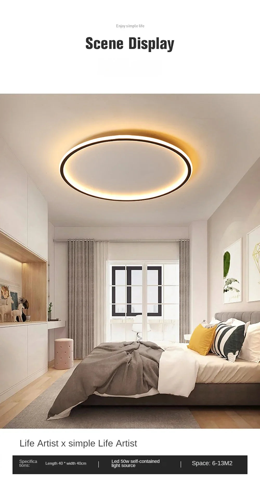 Nordic minimalist LED ceiling light with remote control installed in a modern living room.