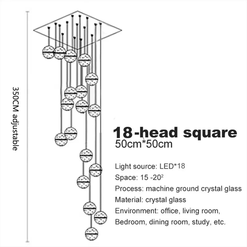 Modern spiral crystal LED chandelier cascading down a luxury staircase in a contemporary home.